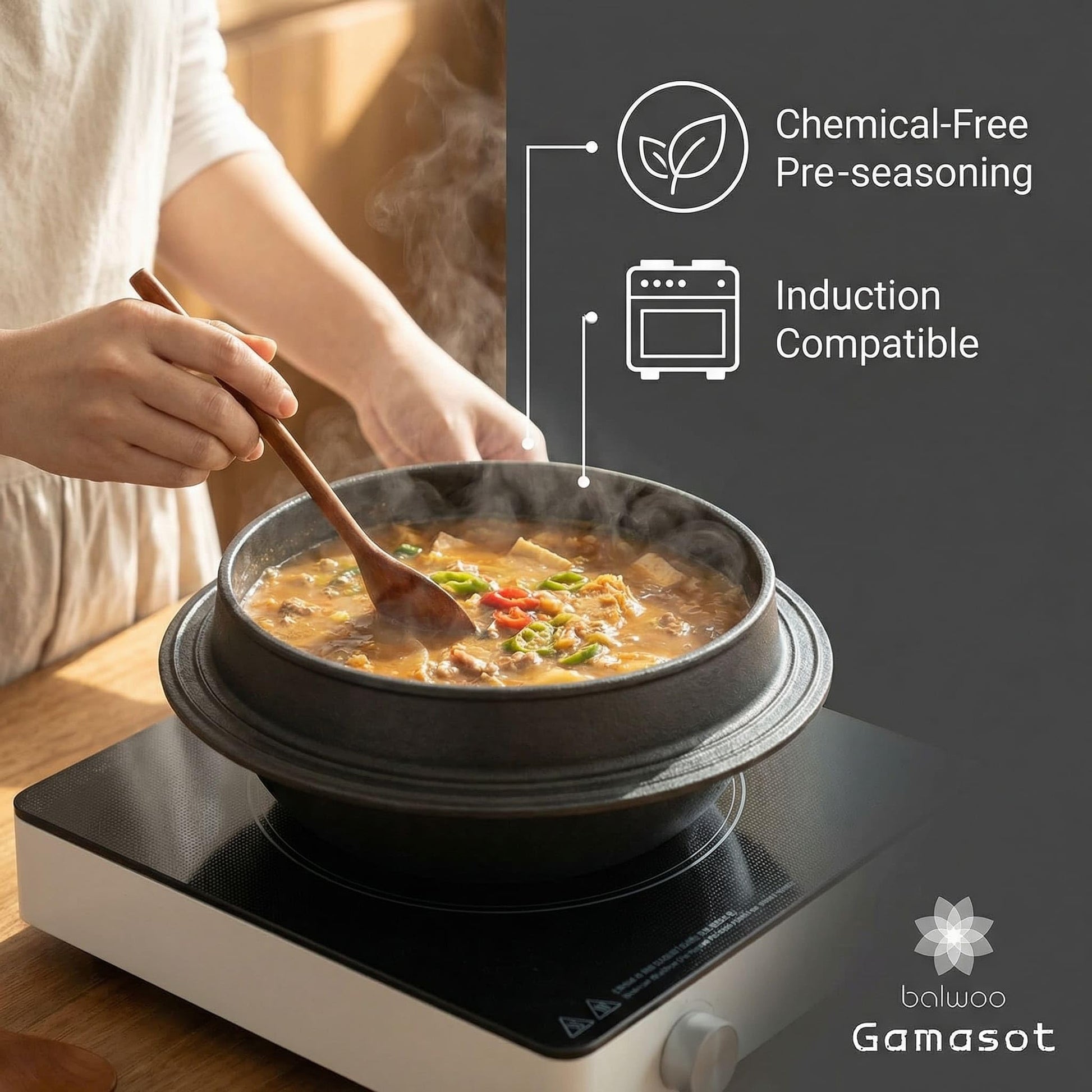 Balwoo Gamasot Korean Cast Iron Cauldron Pot Perilla Oil Pre-seasoned Dutch Oven Rice Cooker Handcrafted Non-chemical Coating Cookware Stockpot Casserole