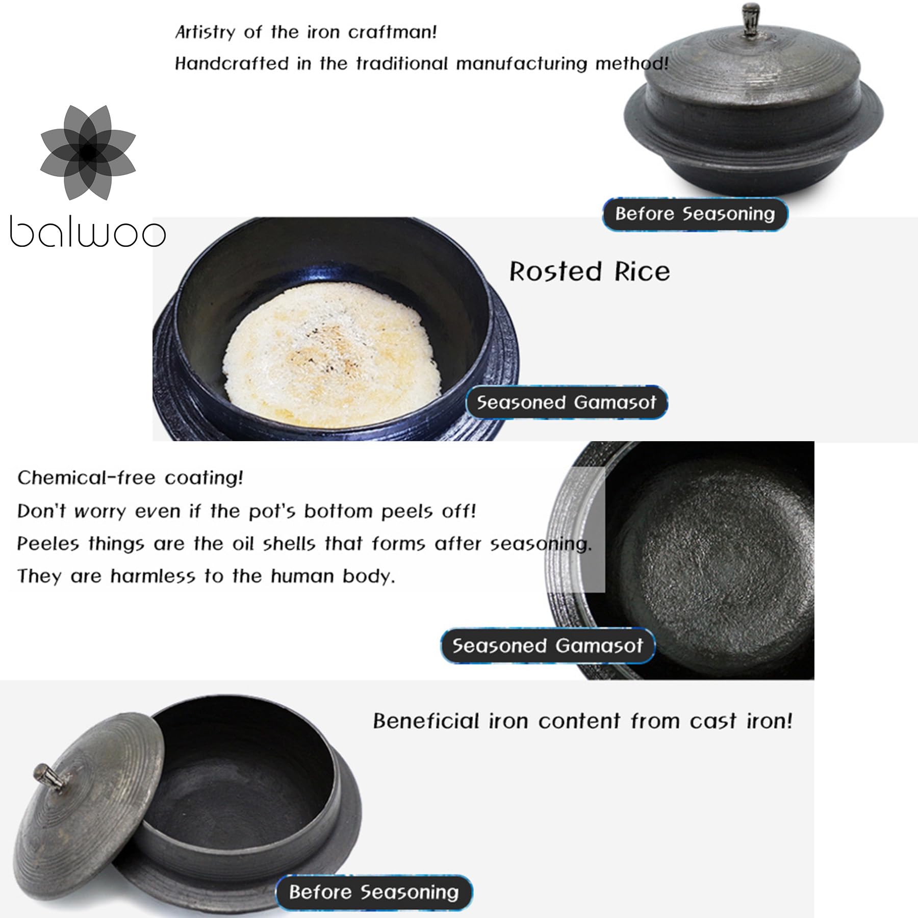 Balwoo Gamasot Korean Cast Iron Cauldron Pot Perilla Oil Pre-seasoned Dutch Oven Rice Cooker Handcrafted Non-chemical Coating Cookware Stockpot Casserole