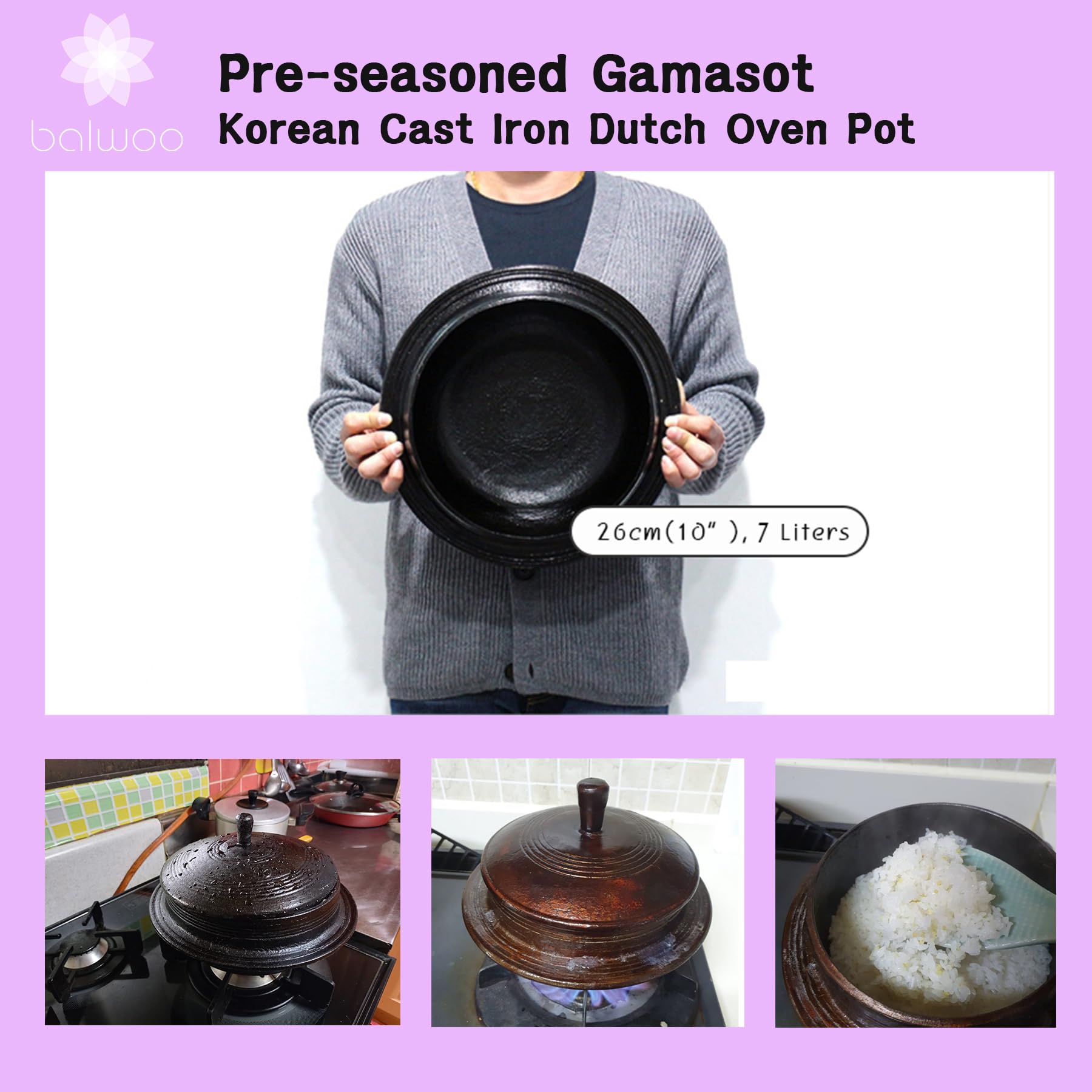 Balwoo Gamasot Korean Cast Iron Cauldron Pot Perilla Oil Pre-seasoned Dutch Oven Rice Cooker Handcrafted Non-chemical Coating Cookware Stockpot Casserole