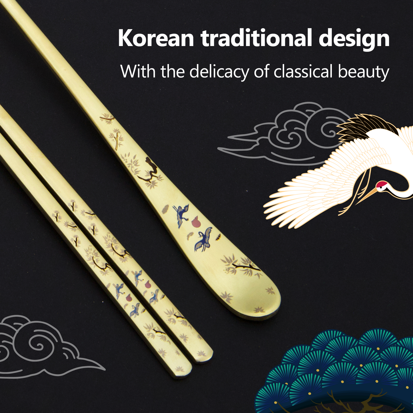 BALWOO Crane Painting Design Korean Table Sticky Rice Spoon and Chopsticks 304 Stainless Steel Gold Titanium Plated Mukbang Cutlery