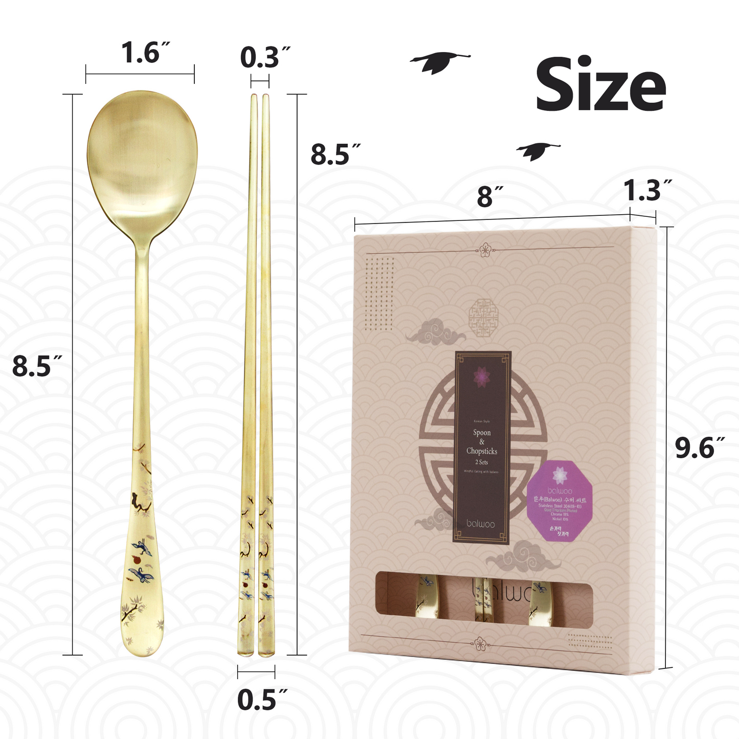 BALWOO Crane Painting Design Korean Table Sticky Rice Spoon and Chopsticks 304 Stainless Steel Gold Titanium Plated Mukbang Cutlery